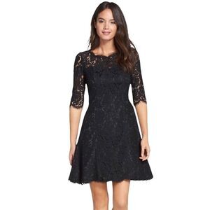 Eliza J Dress Fit and Flare Black Lace 3/4 sleeve Cocktail dress SZ 6